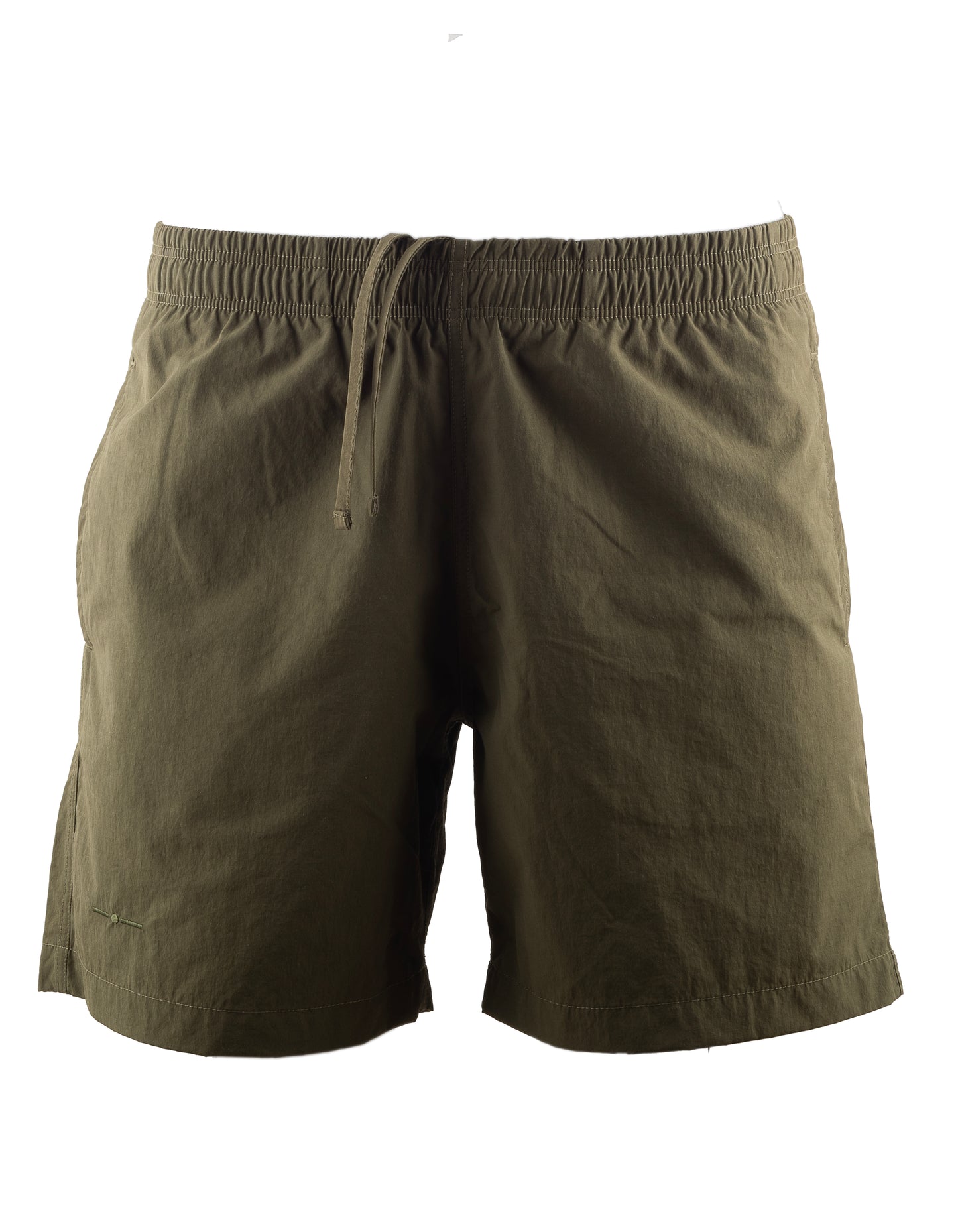 Nachhaltige Herren Badehose Oliv mit Kordelzug und Taschen. Recycelter, italienischer Stoff.
