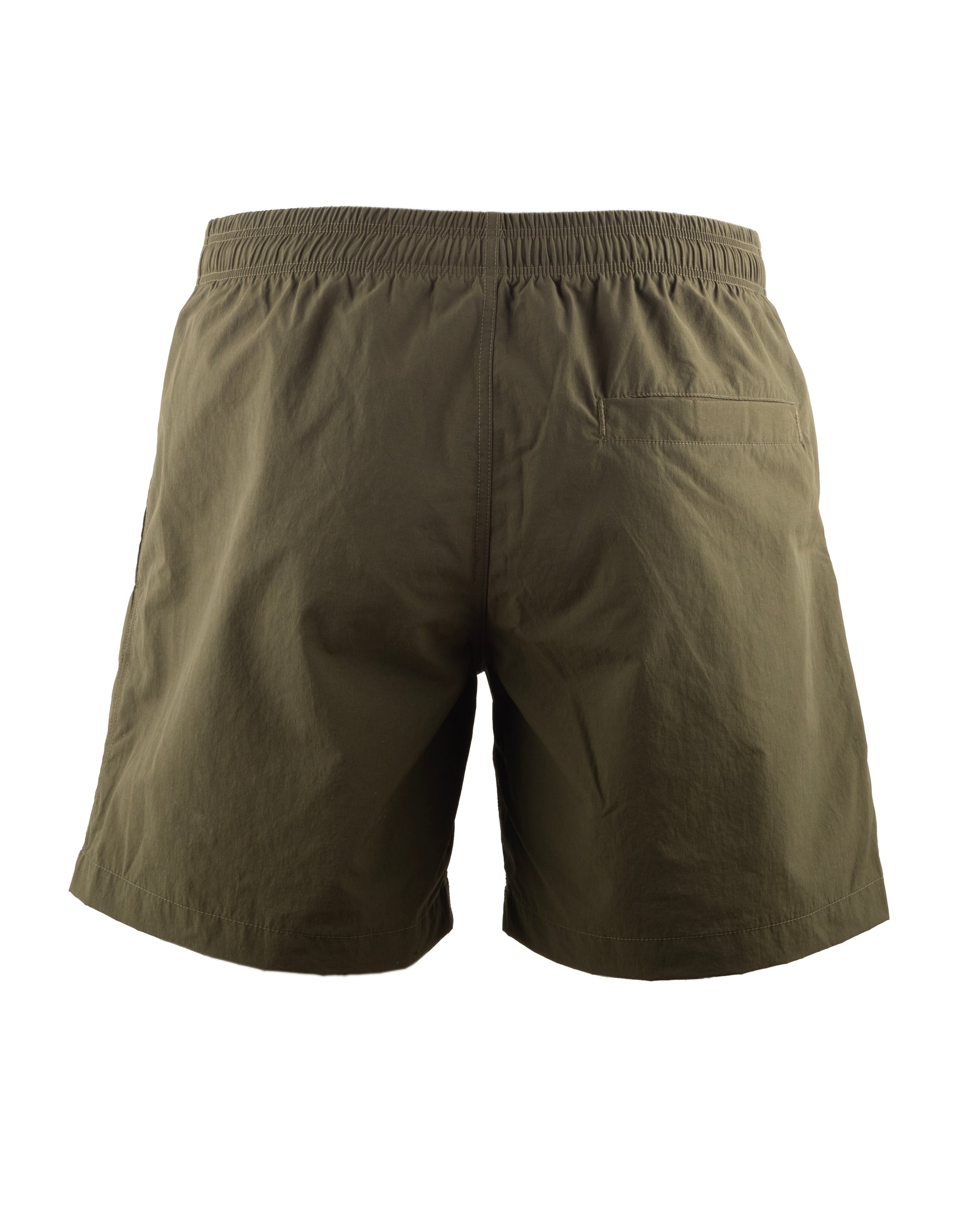Nachhaltige Herren Badehose Oliv mit Kordelzug und Taschen. Recycelter, italienischer Stoff.