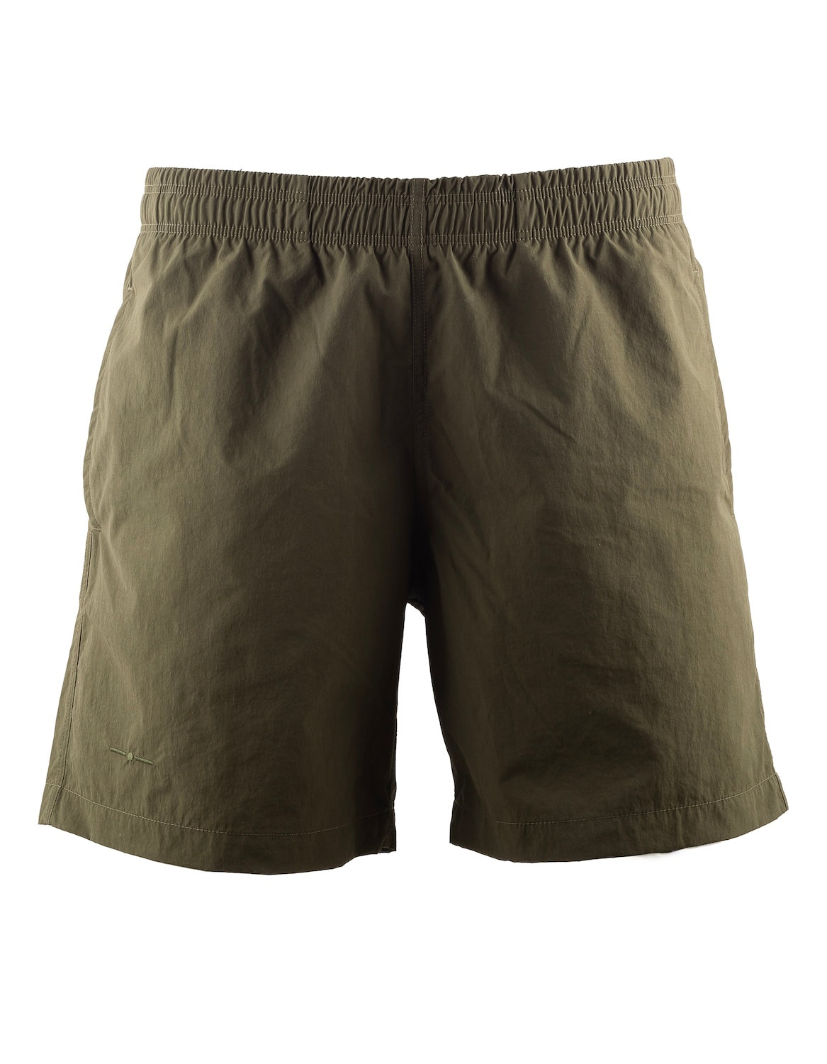 Nachhaltige Herren Badehose Oliv mit Kordelzug und Taschen. Recycelter, italienischer Stoff.