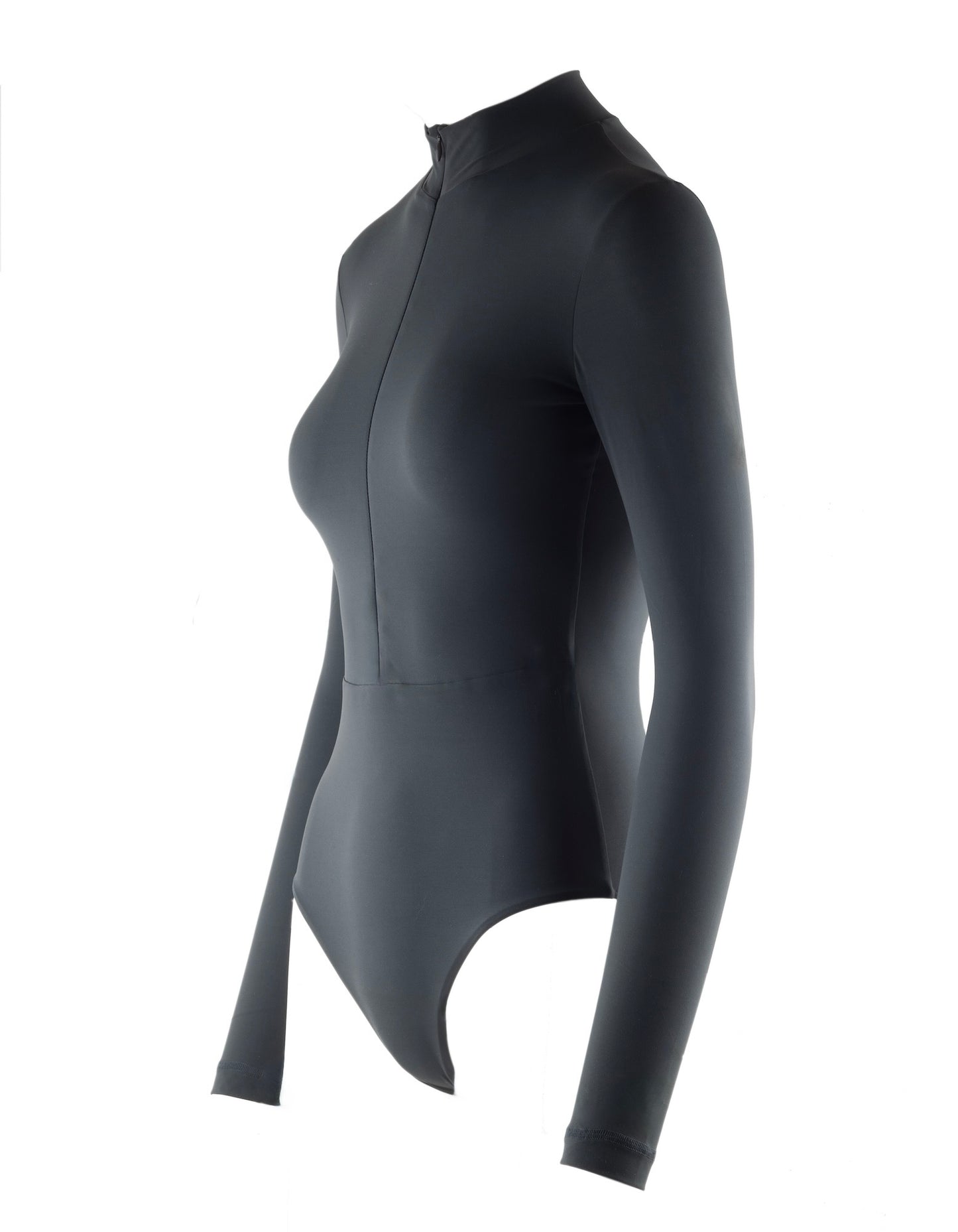 Nachhaltiger langarm Damen UV-Schutz Badeanzug Rashguard in Anthrazit aus recyceltem italienischem Stoff mit Zip und UPF 50+