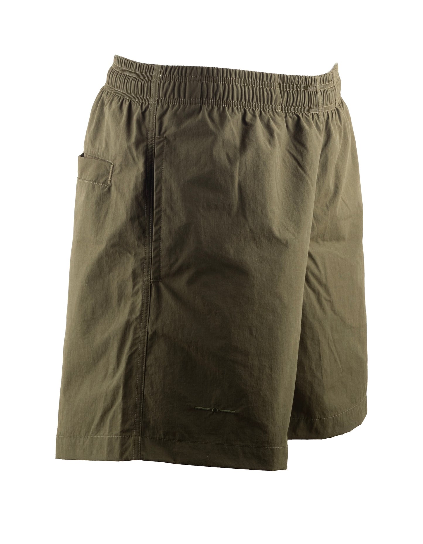 Nachhaltige Herren Badehose Oliv mit Kordelzug und Taschen. Recycelter, italienischer Stoff.