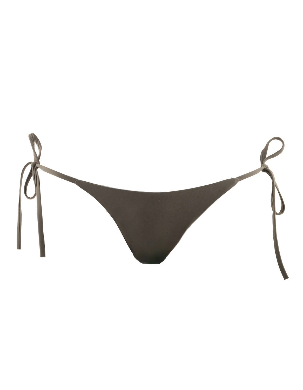 Nachhaltiger Damen Tie Side Bikini Slip in Oliv aus recyceltem italienischem Stoff, cheeky Schnitt und verstellbare Seitenbänder